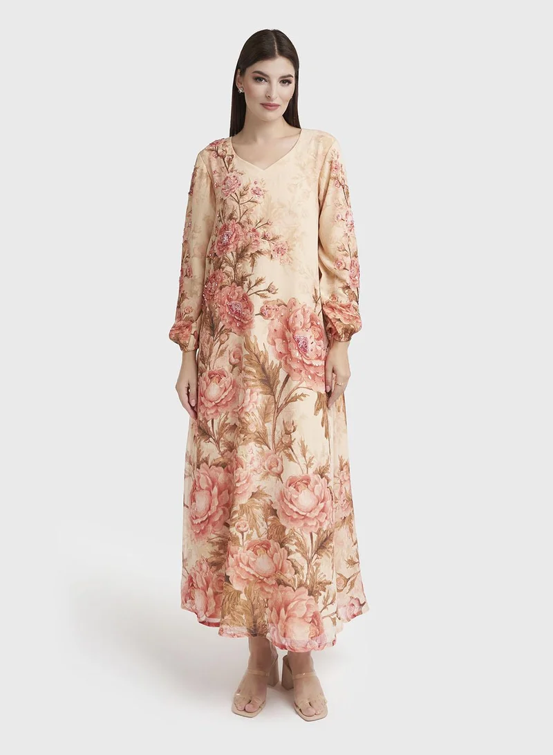 Kashkha Peach Floral Print Chiffon Maxi Dress (VW433)
