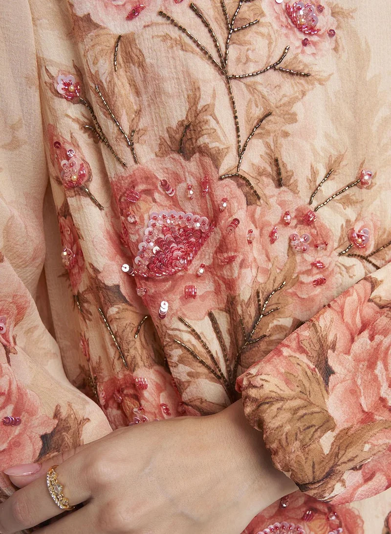 Kashkha  Peach Floral Print Chiffon Maxi Dress (VW433) for Women | Best Price UAE