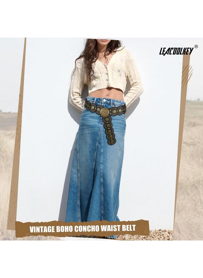 LEACOOLKEY - Hollow Disc Belt Western Leather Belt Boho Concho Belt Vintage Waist Belt For Women - Image 1