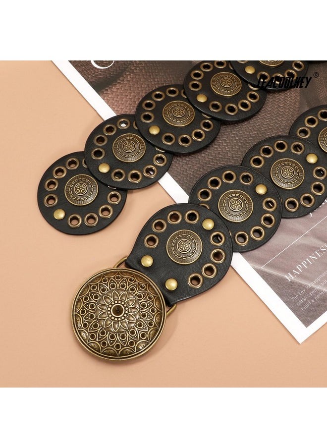 LEACOOLKEY - Hollow Disc Belt Western Leather Belt Boho Concho Belt Vintage Waist Belt For Women - Image 1