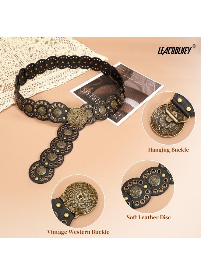 LEACOOLKEY - Hollow Disc Belt Western Leather Belt Boho Concho Belt Vintage Waist Belt For Women - Image 1