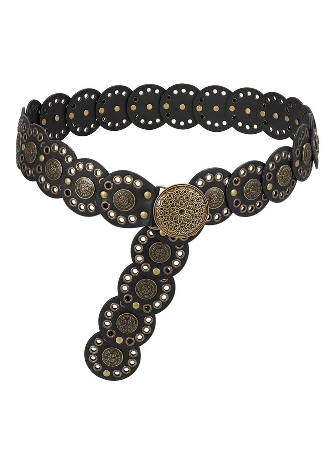 LEACOOLKEY - Hollow Disc Belt Western Leather Belt Boho Concho Belt Vintage Waist Belt For Women - Image 1