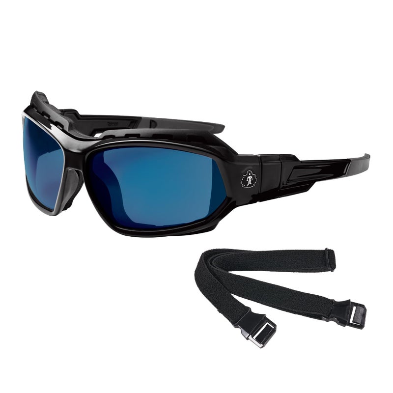 Ergodyne Skullerz Loki Convertible Safety Sunglasses, Blue Mirror Lens-Includes Gasket and Strap to Convert to Goggle,Blue Mirror Lens, Black Frame - Image 1