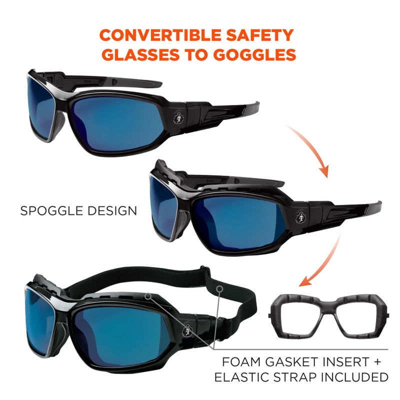 Ergodyne Skullerz Loki Convertible Safety Sunglasses, Blue Mirror Lens-Includes Gasket and Strap to Convert to Goggle,Blue Mirror Lens, Black Frame - Image 4