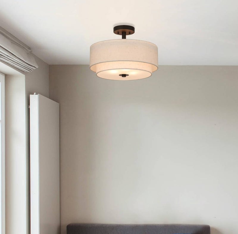 XiNBEi Lighting Drum Semi Flush Light, 3 Light Semi Flush Mount Ceiling Light Fixture with Fabric Shade Modern Close to Ceiling Light for Bedroom & Living Room Dark Bronze Finish XB-SF1289-DB - Image 2