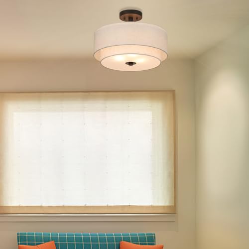 XiNBEi Lighting Drum Semi Flush Light, 3 Light Semi Flush Mount Ceiling Light Fixture with Fabric Shade Modern Close to Ceiling Light for Bedroom & Living Room Dark Bronze Finish XB-SF1289-DB - Image 4