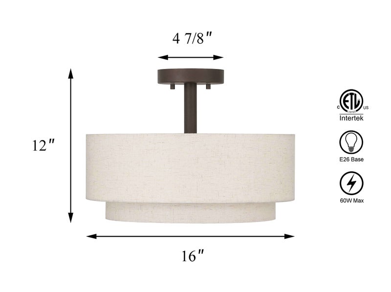 XiNBEi Lighting Drum Semi Flush Light, 3 Light Semi Flush Mount Ceiling Light Fixture with Fabric Shade Modern Close to Ceiling Light for Bedroom & Living Room Dark Bronze Finish XB-SF1289-DB - Image 5
