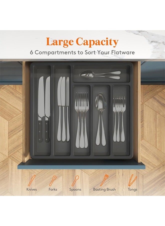 Silverware Organizer with Lid, Covered Utensil Tray for Kitchen Drawer and Countertop, Plastic Cutlery and Flatware Storage Box for Spoons Forks Knives Holder Case, 6 Compartments (Black) - Image 2