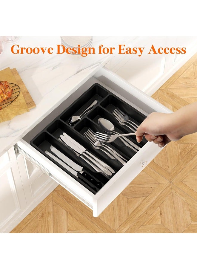 Silverware Organizer with Lid, Covered Utensil Tray for Kitchen Drawer and Countertop, Plastic Cutlery and Flatware Storage Box for Spoons Forks Knives Holder Case, 6 Compartments (Black) - Image 4