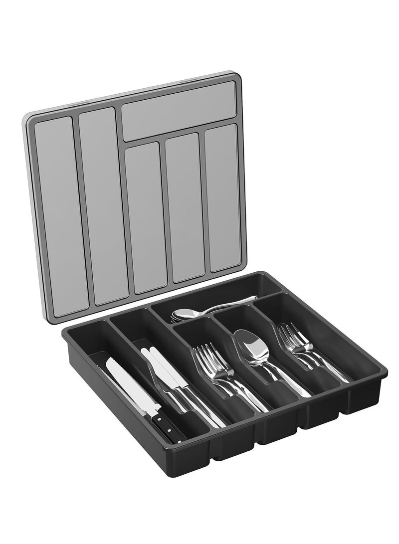 Silverware Organizer with Lid, Covered Utensil Tray for Kitchen Drawer and Countertop, Plastic Cutlery and Flatware Storage Box for Spoons Forks Knives Holder Case, 6 Compartments (Black) - Image 1