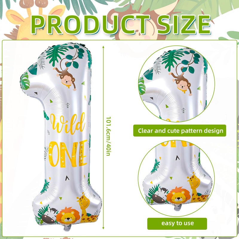 Lcoor Wild One Birthday Decorations, Wild Animal Number 1 Balloon, 40'' Wild One Balloon, Jungle Safari Theme 1st Birthday Decorations - Image 2