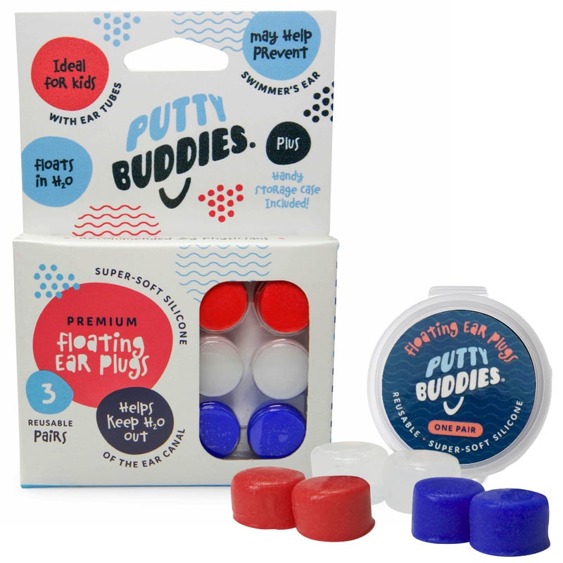 Putty Buddies Earvolution Floating Putty Buddies Ear Plugs for Swimming - Invented by an Ear Physician - Moldable, Premium, Silicone - Floats on Water - Waterproof - Made in The USA - 3 Pack - Red/White/Blue - Image 1
