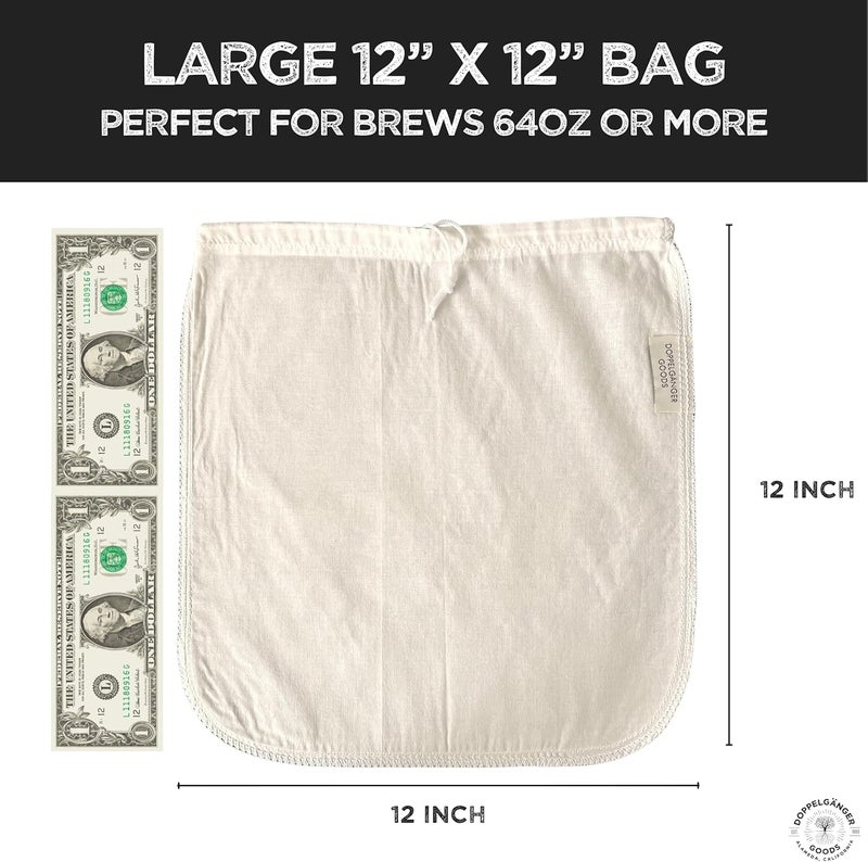 Doppeltree (2-Pack, Large 12in x 12in) Organic Cotton Cold Brew Coffee Bag - Designed in California - Reusable Coffee Filter with EasyOpen Drawstring Cold Brew Maker for Pitchers, Mason Jars, & Toddy Systems - Image 3