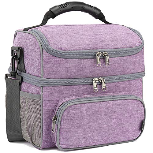 FlowFly Double Layer Cooler Insulated Lunch Bag Adult Lunch Box Large Tote Bag for Men, Women, With Adjustable Strap,Front Pocket and Dual Large Mesh Side Pockets,Purple - Image 1