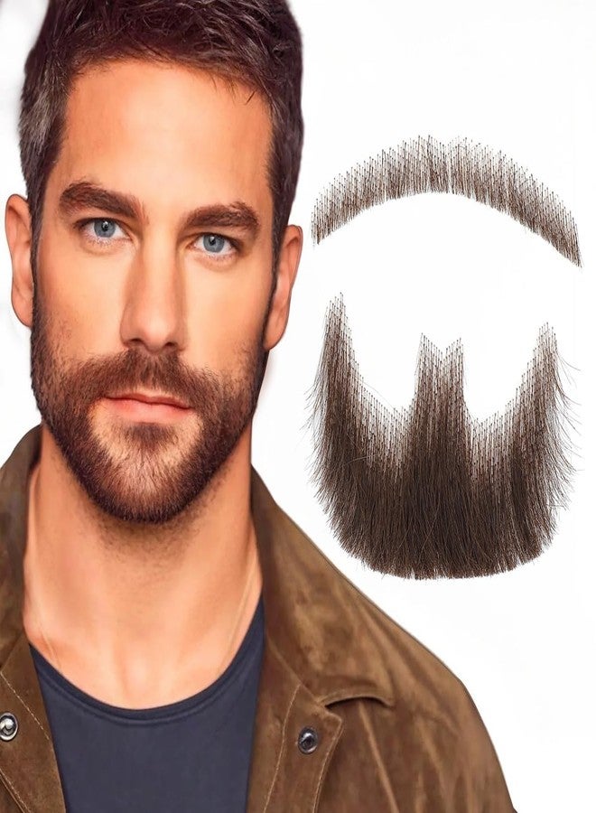 CLIONE Brown Fake Beard Realistic 100% Human Hair Full Hand Tied Goatee False Beards Lace Invisible Fake Mustache for Halloween Dressing Men Makeup Entertainment/Drama/Party/Movie Prop - Image 1