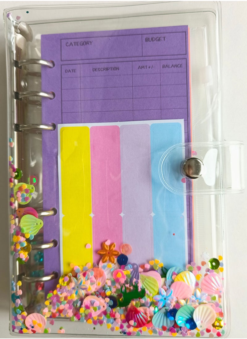 A6 PVC Binder Pocket Set Budget Planner Notebook with 12pc Expense Budget Sheets,1 Clear Zipper Cash Envelope,1  Sheet Sticker,1 Soft Ruler