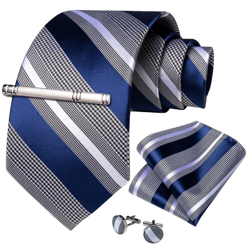 DiBanGu Blue and Grey Stripe Ties for Men Classic Silk Men's Necktie & Pocket Square Cufflinks Tie Clip Set Formal - Image 3