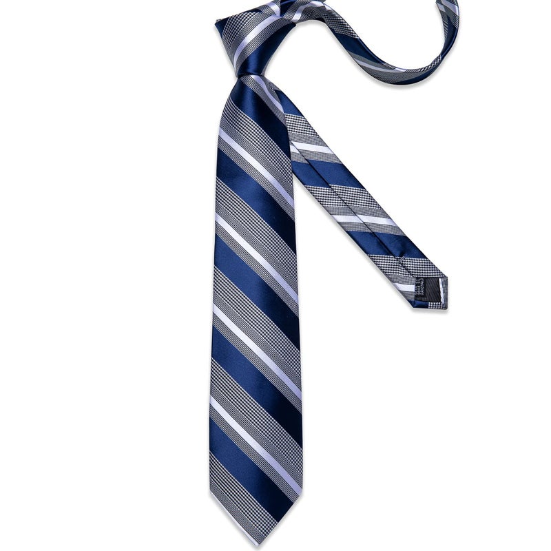 DiBanGu Blue and Grey Stripe Ties for Men Classic Silk Men's Necktie & Pocket Square Cufflinks Tie Clip Set Formal - Image 5