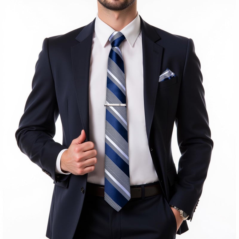 DiBanGu Blue and Grey Stripe Ties for Men Classic Silk Men's Necktie & Pocket Square Cufflinks Tie Clip Set Formal - Image 2