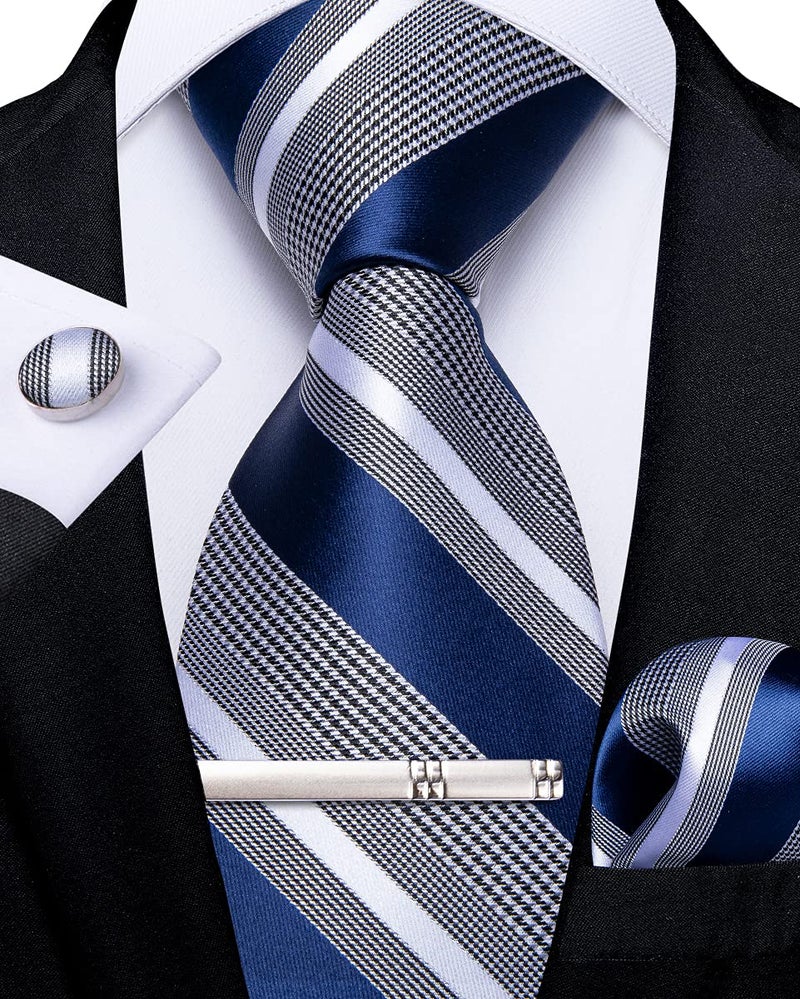 DiBanGu Blue and Grey Stripe Ties for Men Classic Silk Men's Necktie & Pocket Square Cufflinks Tie Clip Set Formal - Image 1