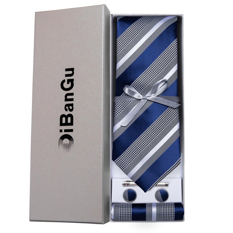 DiBanGu Blue and Grey Stripe Ties for Men Classic Silk Men's Necktie & Pocket Square Cufflinks Tie Clip Set Formal - Image 4