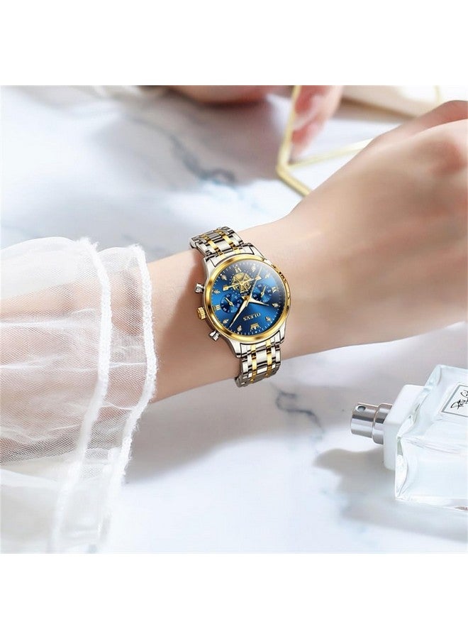 OLEVS Womens Watches Chronograph Luxury Diamond Dress Analog Quartz Wrist Watches Two Tone Stainless Steel Waterproof Luminous Ladies Watch Gold Blue - Image 2