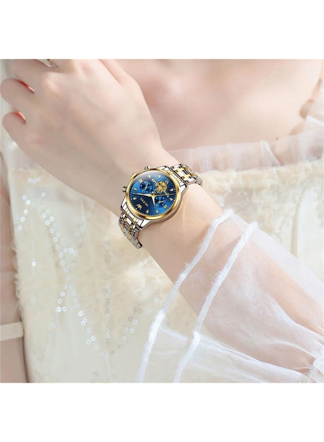 OLEVS Womens Watches Chronograph Luxury Diamond Dress Analog Quartz Wrist Watches Two Tone Stainless Steel Waterproof Luminous Ladies Watch Gold Blue - Image 4
