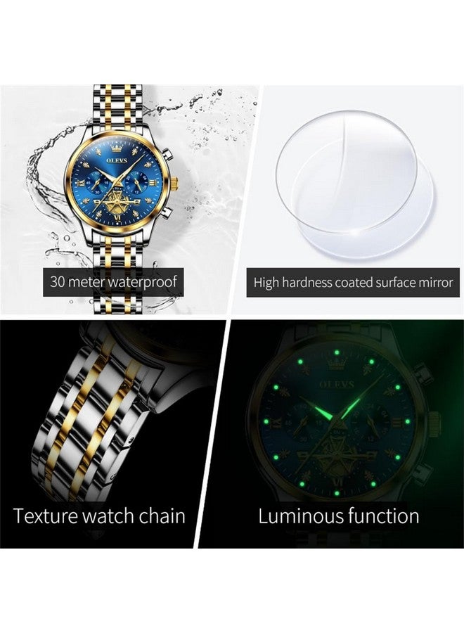 OLEVS Womens Watches Chronograph Luxury Diamond Dress Analog Quartz Wrist Watches Two Tone Stainless Steel Waterproof Luminous Ladies Watch Gold Blue - Image 5