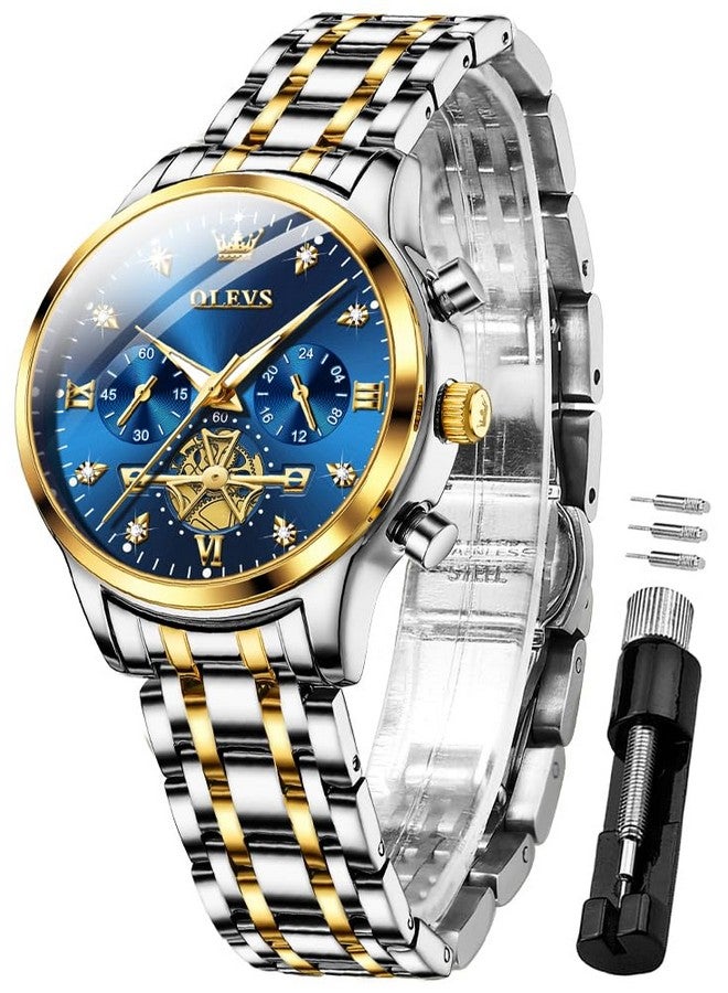 OLEVS Womens Watches Chronograph Luxury Diamond Dress Analog Quartz Wrist Watches Two Tone Stainless Steel Waterproof Luminous Ladies Watch Gold Blue - Image 1