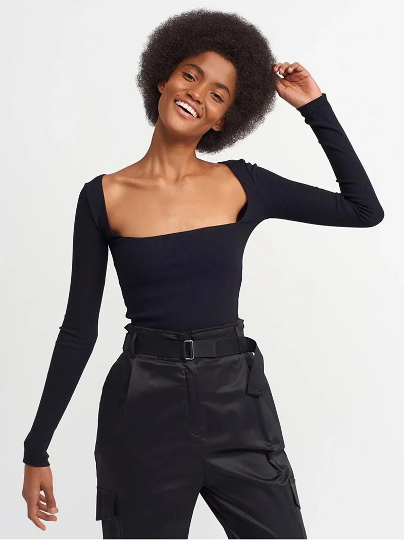 ديلفين Women's Ribbed Long Sleeve Top Blouse