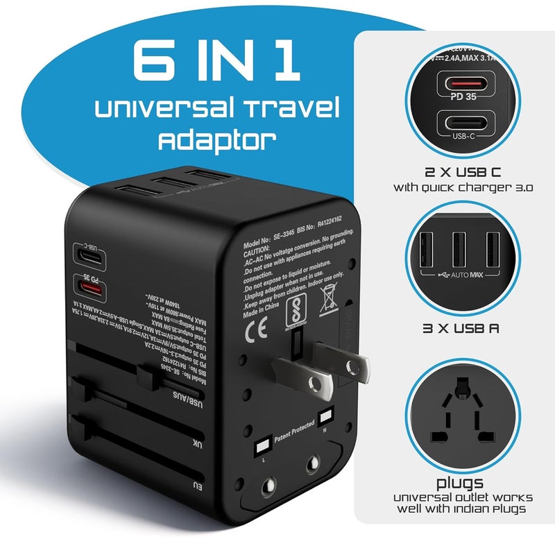 SeCro 6 in 1 Universal Charger Adapter 35W PD Fast Charger 10 Years Warranty International Travel Adapter with PD Type C 3 USB Ports Worldwide Travel Charger Support 150 Countries - Image 2