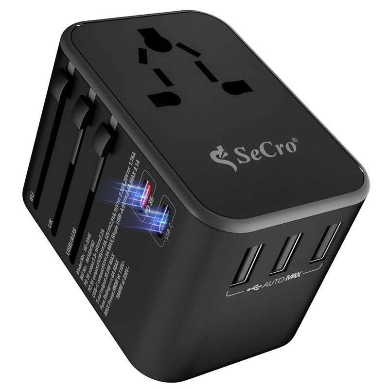SeCro 6 in 1 Universal Charger Adapter 35W PD Fast Charger 10 Years Warranty International Travel Adapter with PD Type C 3 USB Ports Worldwide Travel Charger Support 150 Countries - Image 4
