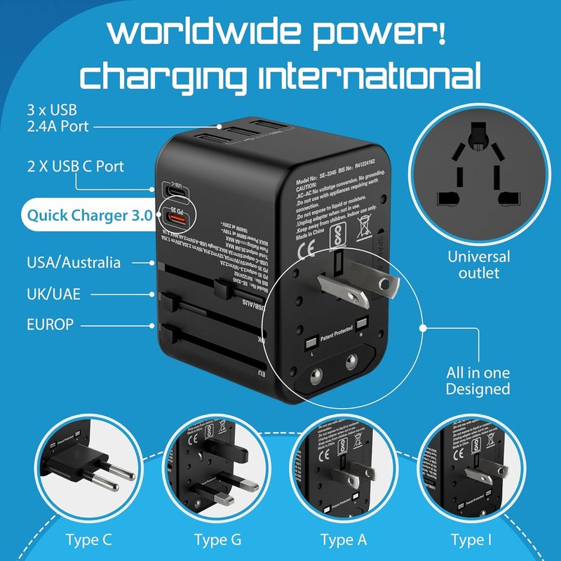SeCro 6 in 1 Universal Charger Adapter 35W PD Fast Charger 10 Years Warranty International Travel Adapter with PD Type C 3 USB Ports Worldwide Travel Charger Support 150 Countries - Image 3