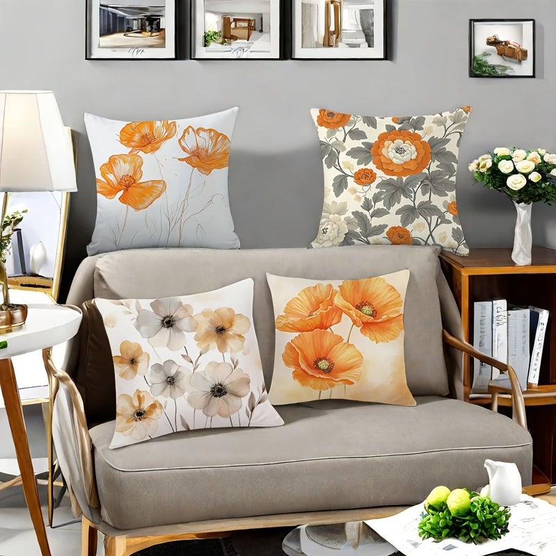 4pcs Polyester Floral Throw Pillows Orange Yellow Contemporary Living Room Decor Machine Washable - Image 4