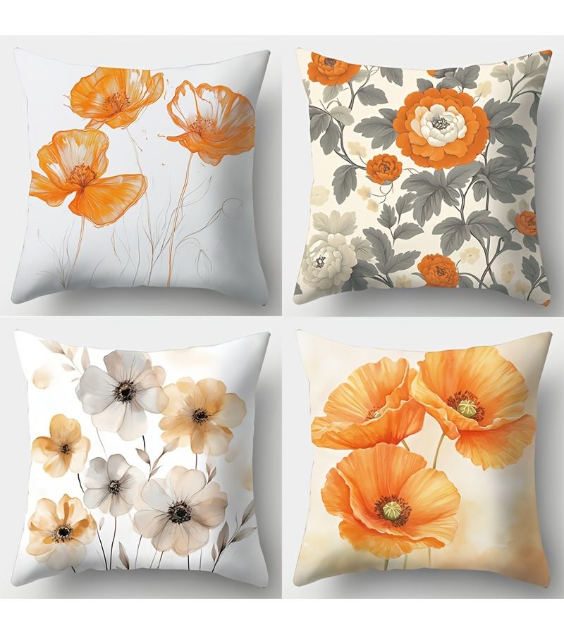 4pcs Polyester Floral Throw Pillows Orange Yellow Contemporary Living Room Decor Machine Washable - Image 1