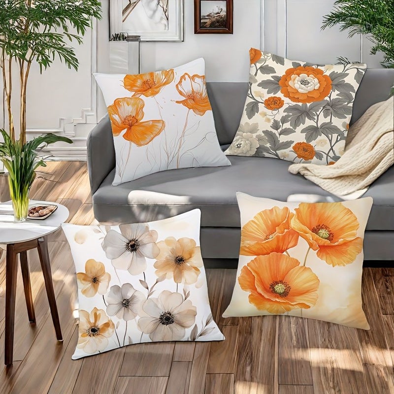 4pcs Polyester Floral Throw Pillows Orange Yellow Contemporary Living Room Decor Machine Washable - Image 2