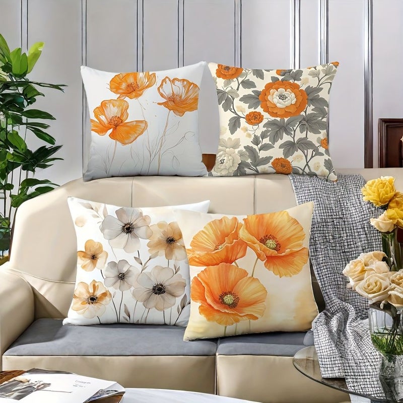 4pcs Polyester Floral Throw Pillows Orange Yellow Contemporary Living Room Decor Machine Washable - Image 5