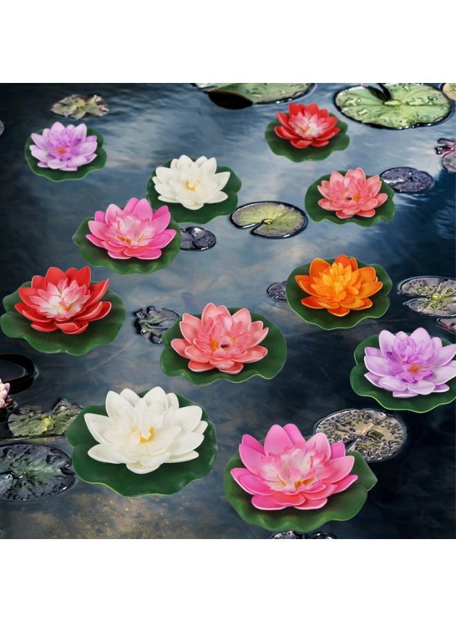 Happy Trees 12 Pcs Artificial Floating Foam Lotus Flower with Water Lily Pad, Lifelike Ornanment Home Garden Pond Decor Indian Decorations Return Gifts - Image 1
