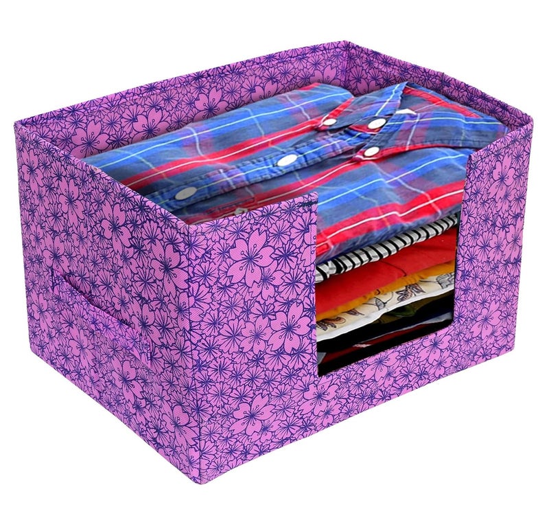 Kuber Industries Metalic Flower Print NonWoven 4 Pieces Shirt Stacker Closet Organizer Shirts and Clothing Organizer with Handle Pink Purple - Image 3