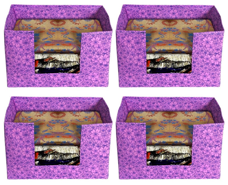 Kuber Industries Metalic Flower Print NonWoven 4 Pieces Shirt Stacker Closet Organizer Shirts and Clothing Organizer with Handle Pink Purple - Image 1