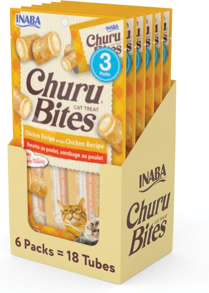 INABA Churu Bites for Cats, Soft/Chewy Baked Chicken Wrapped Churu Filled Cat Treats with Vitamin E, 0.35 Ounces per Tube, 18 Tubes Total (3 Tubes per Pack), Chicken Recipe - Image 1