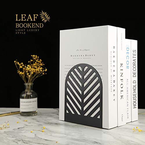 QiMing Leaf Bookends for Books,1 Pair Metal Book Holders for Office Shelves Adults & Kids Gift(Black) - Image 1