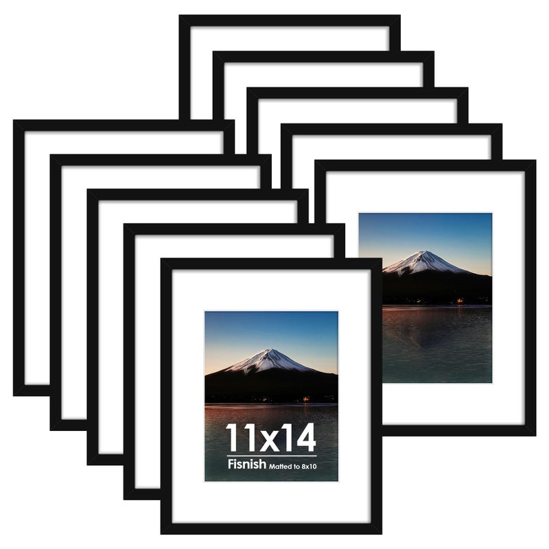 Fisnish 11x14 Picture Frame Sef of 10 Display Pictures 8x10 with Mat or 11 x 14 Without Mat Photo Frame Collage for Wall Gallery Decor Hanging or Tabletop Display Black