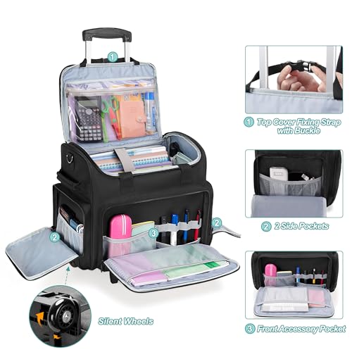 CURMIO Rolling Teacher Bag with Wheels, Teacher Rolling Cart, Rolling Briefcase with Accordion Organizer and 15.6" Laptop Sleeve for School or Work, Black(Patented Design) - Image 3