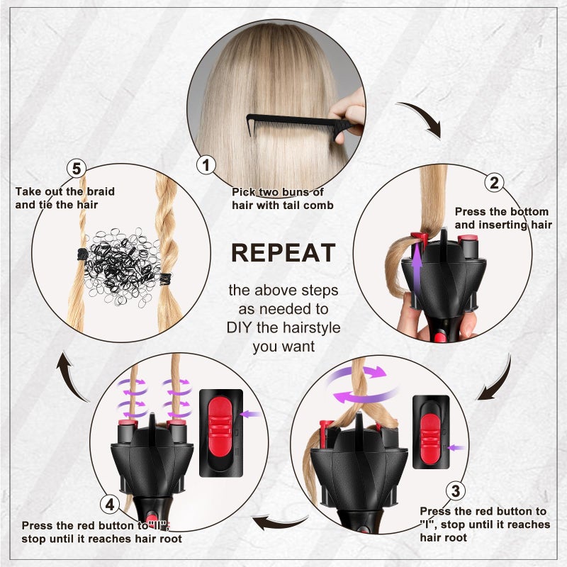 Honoson 7 Pieces Automatic Braider Set - Electronic Braid Maker, Hair Twister with Comb and Clips for Styling (Black) - Image 1
