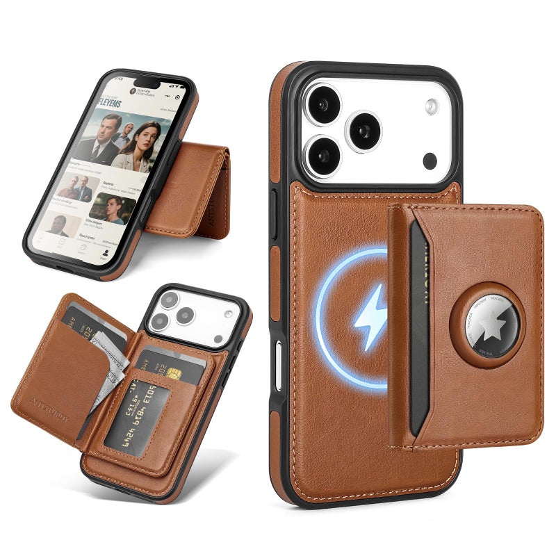 Antsturdy Compatible with MagSafe 2 in 1 Detachable Magnetic iPhone 17 Pro Max Case Wallet with AirTag Holder,Men Women PU Leather RFID Blocking Credit Card Holder Slots Flip Cover Kickstand,Brown - Image 1