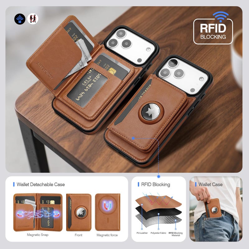 Antsturdy Compatible with MagSafe 2 in 1 Detachable Magnetic iPhone 17 Pro Max Case Wallet with AirTag Holder,Men Women PU Leather RFID Blocking Credit Card Holder Slots Flip Cover Kickstand,Brown - Image 2