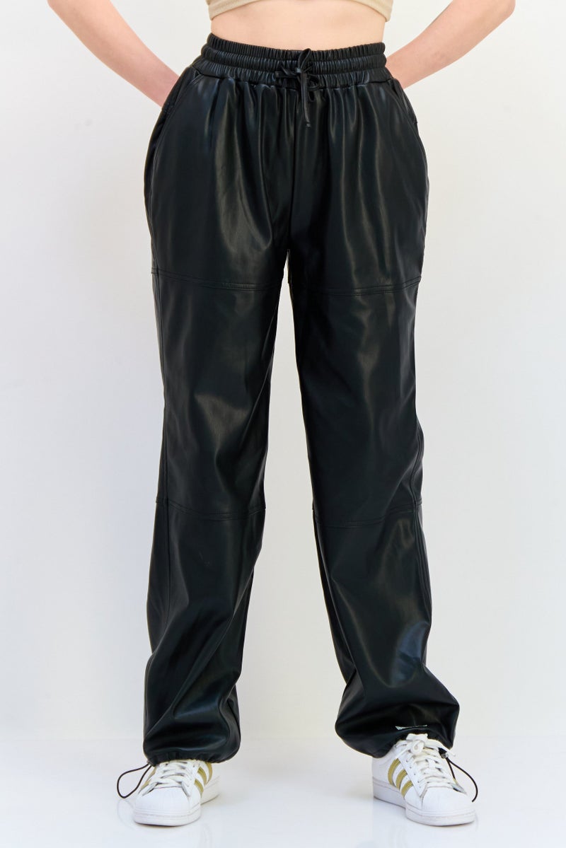 The Giving Movement Women Regular Fit Plain Leather Jogger Pants, Black - Image 1