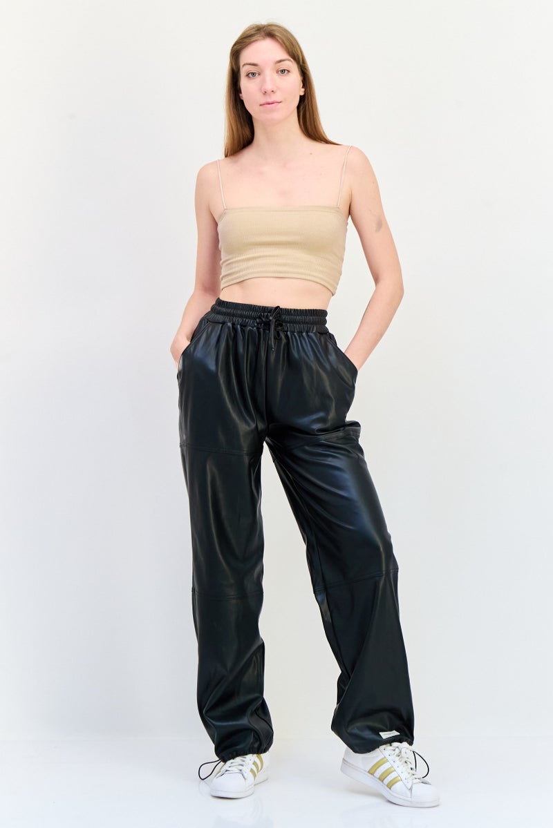 The Giving Movement Women Regular Fit Plain Leather Jogger Pants, Black - Image 4