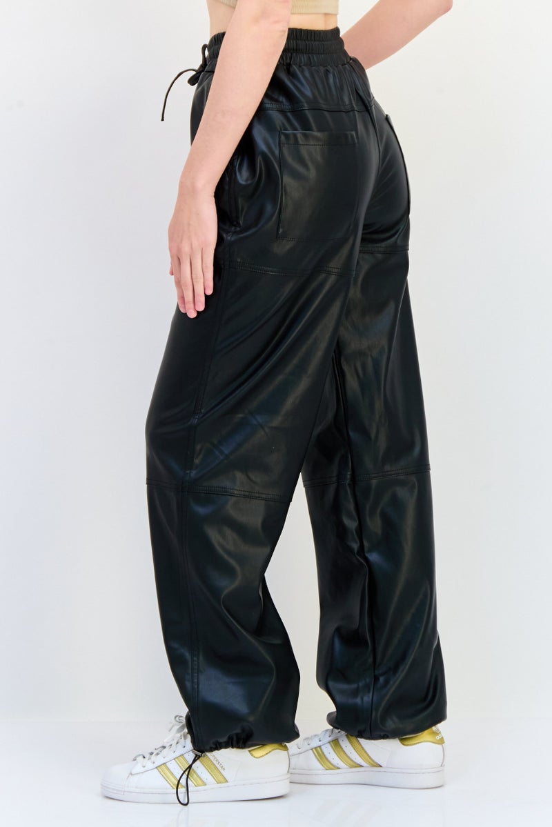 The Giving Movement Women Regular Fit Plain Leather Jogger Pants, Black - Image 3